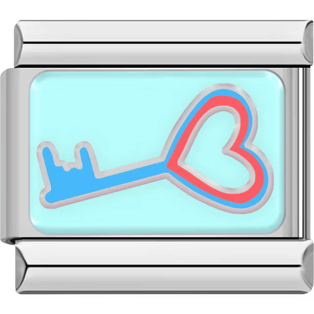 Key with a heart-shaped bow in blue and pink outline on a light mint background.